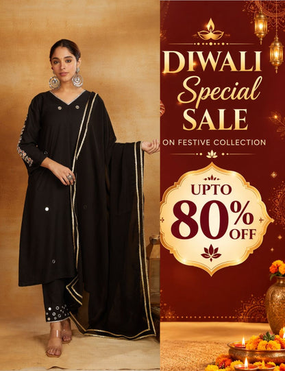 Black kurta, pant, and dupatta with mirror work