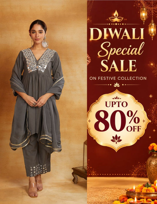Grey kurta, pant, and dupatta with mirror work