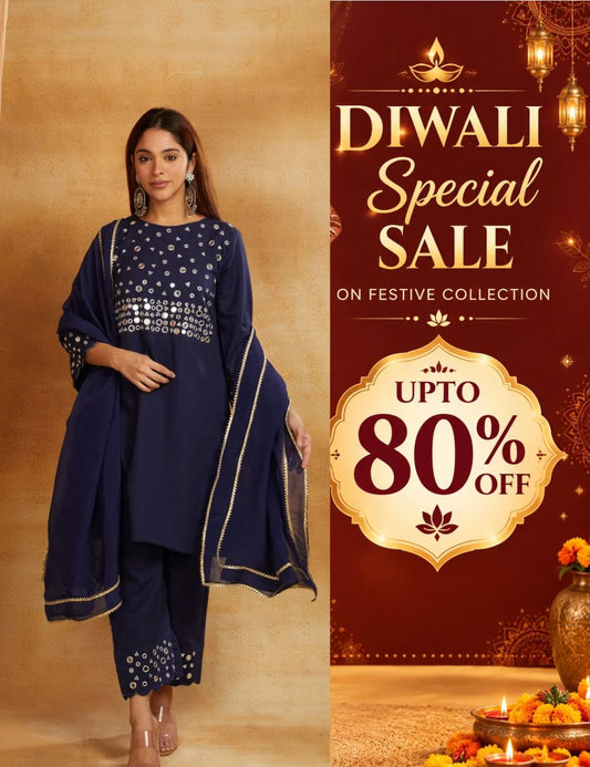 Navy blue kurta, pant, and dupatta with mirror work