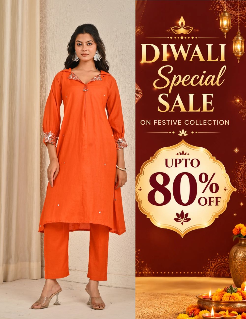 Rust Orange Mul Chanderi Kurta Set