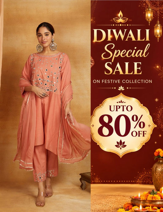 Peach kurta, pant, and dupatta with mirror work