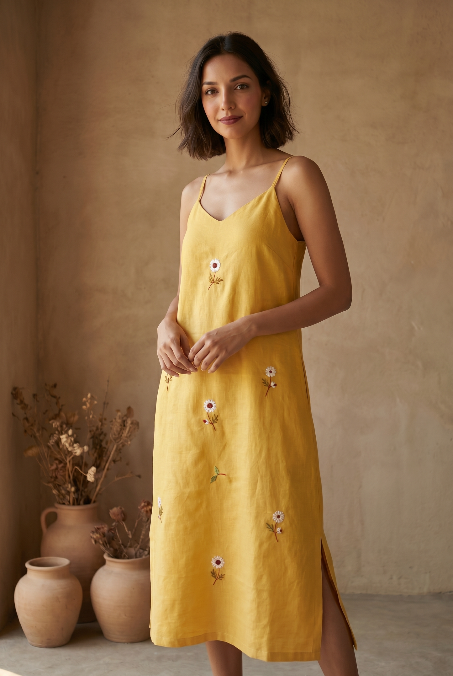Mustard strap hand embroidery dress