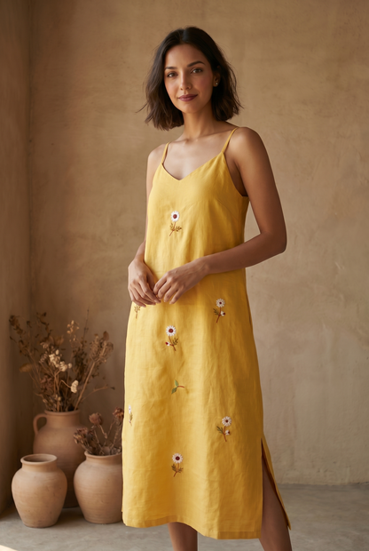 Mustard strap hand embroidery dress