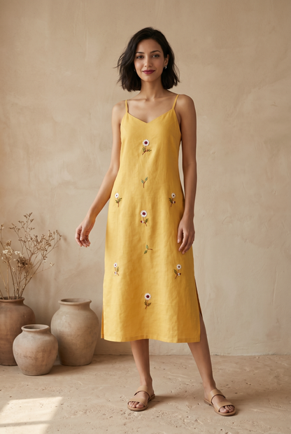 Mustard strap hand embroidery dress
