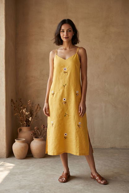 Mustard strap hand embroidery dress
