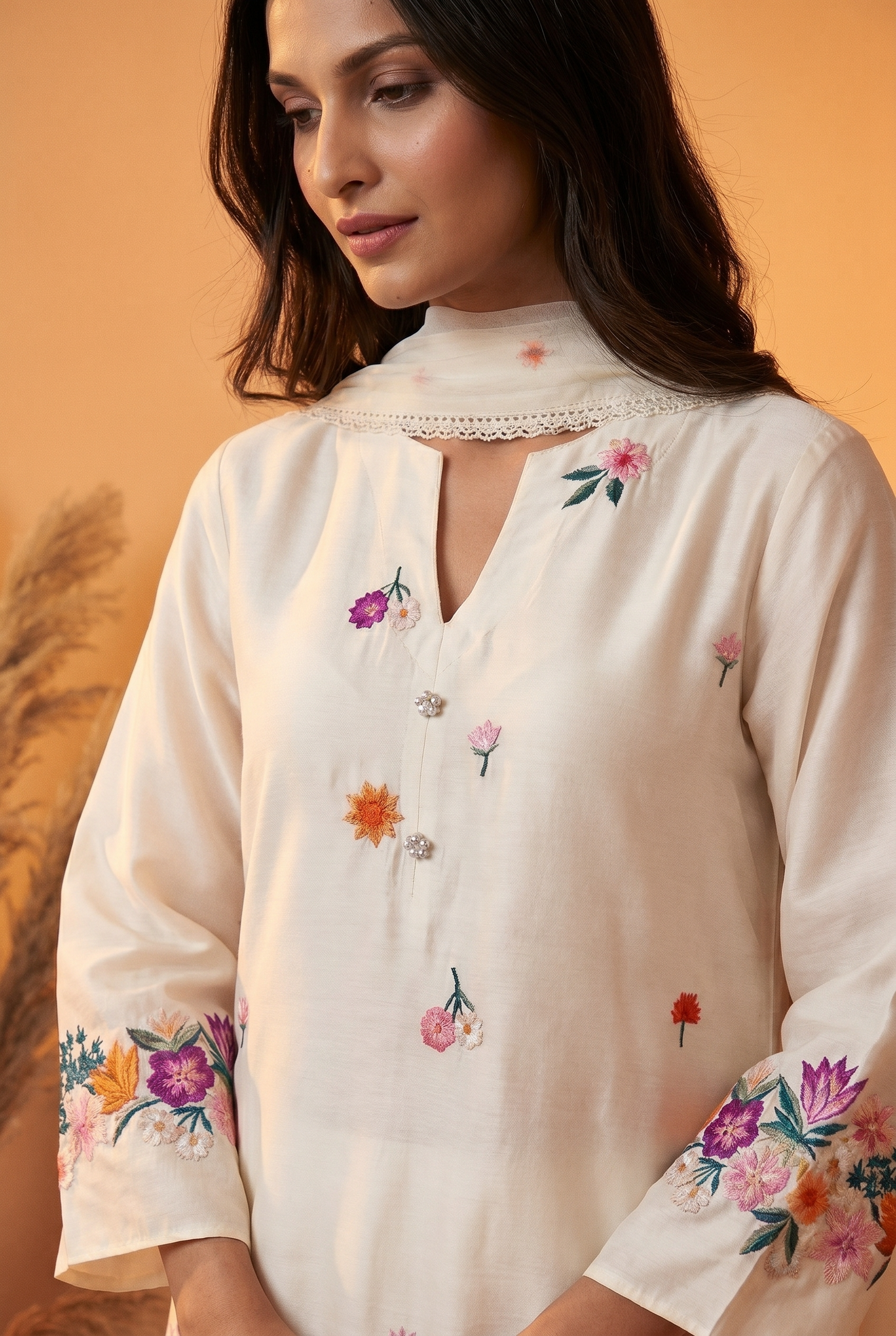HAND EMBROIDERY COTTON LINEN KURTA SET WITH DUPATTA