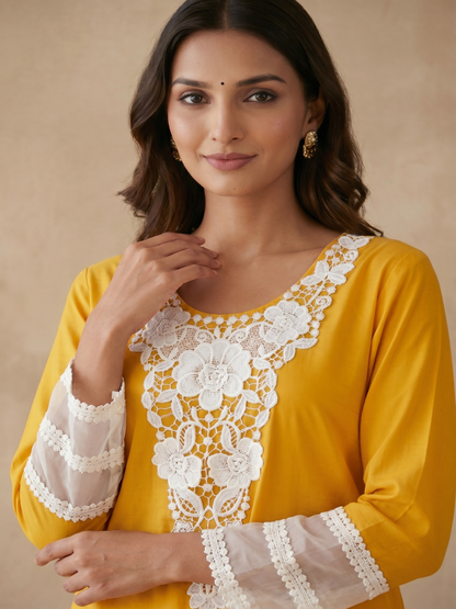 Mustard  Embroidery Kurta Set