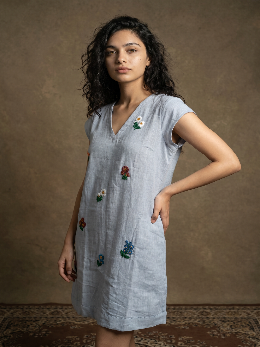 cotton linen powder blue hand embroidry dress