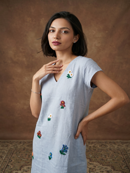cotton linen powder blue hand embroidry dress