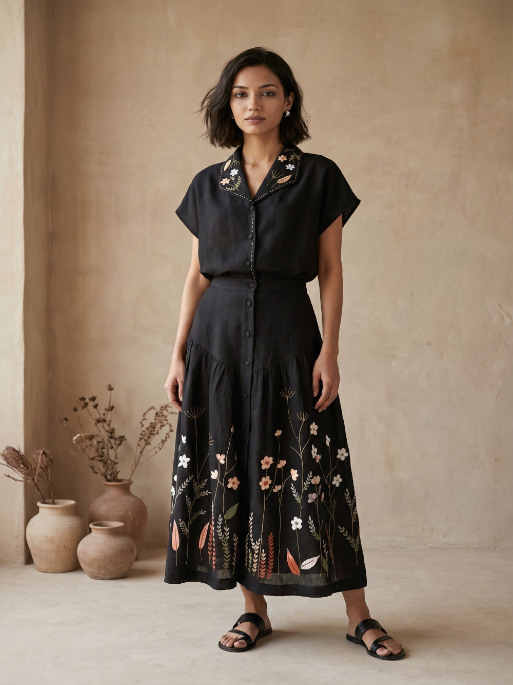 Kantha Black hand embroidery top and skirt set