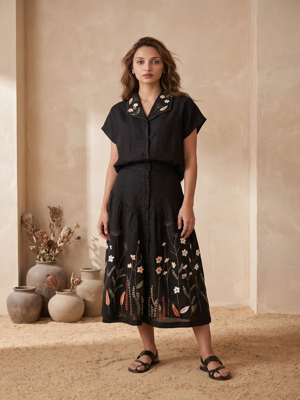 Kantha Black hand embroidery top and skirt set