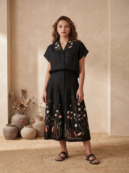 Kantha Black hand embroidery top and skirt set