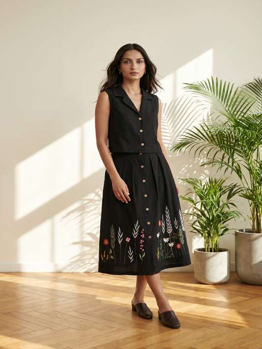Black embroidery top skirt set