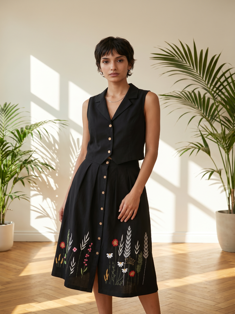Black embroidery top skirt set