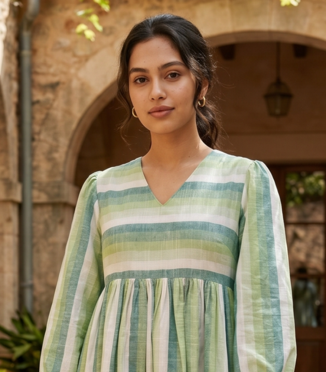 Stripes poplin gather dress