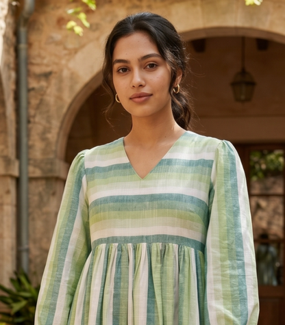 Stripes poplin gather dress