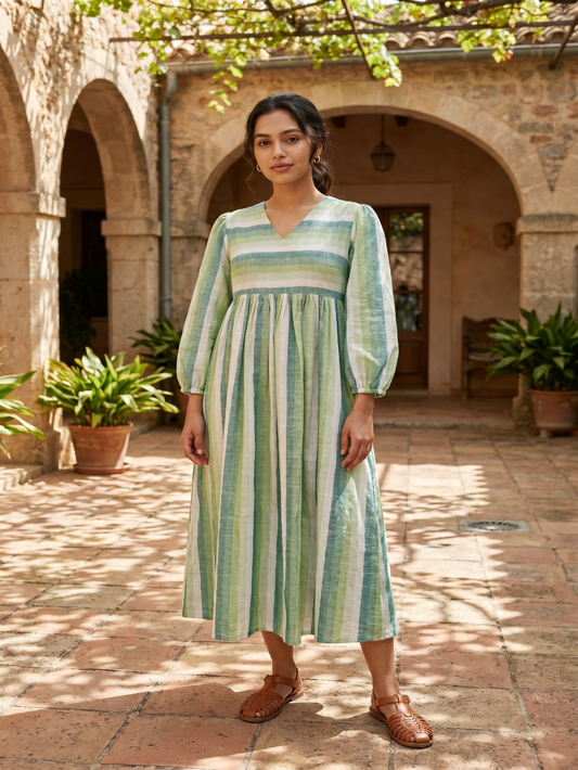 Stripes poplin gather dress