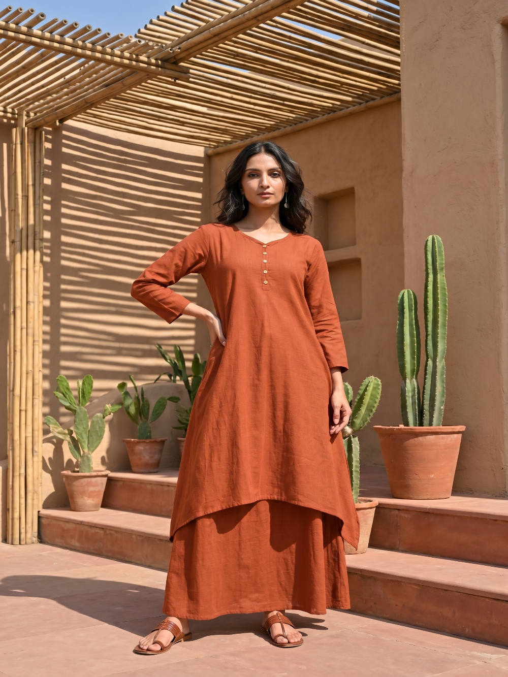Rust Brown pure cotton double-layer dress. It comes with a long skirt below the ankle and an asymmetric overlay dress on top. It has two pockets