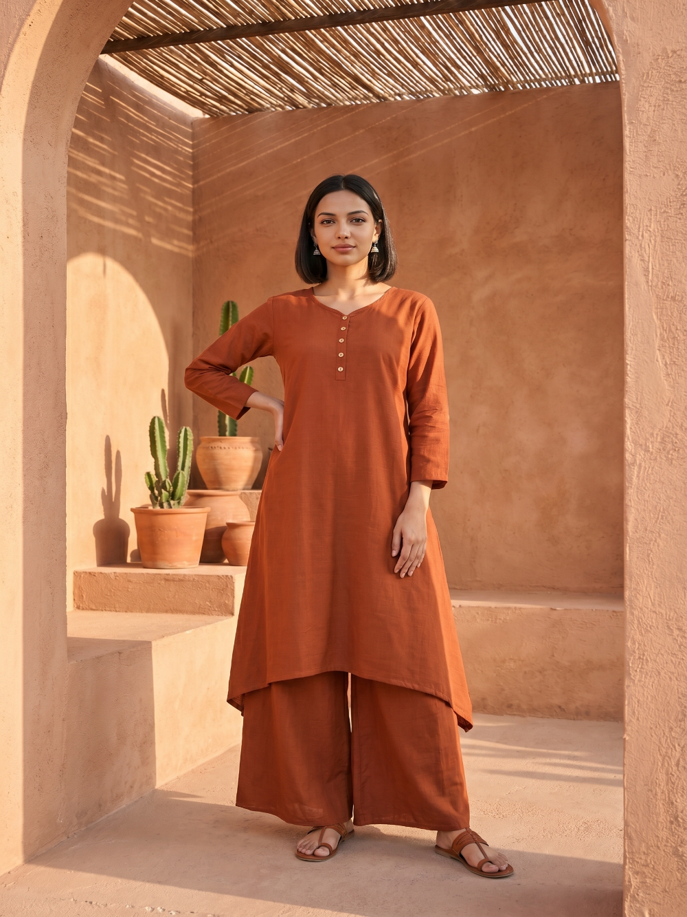 Rust brown asymmetrical kurta with pant