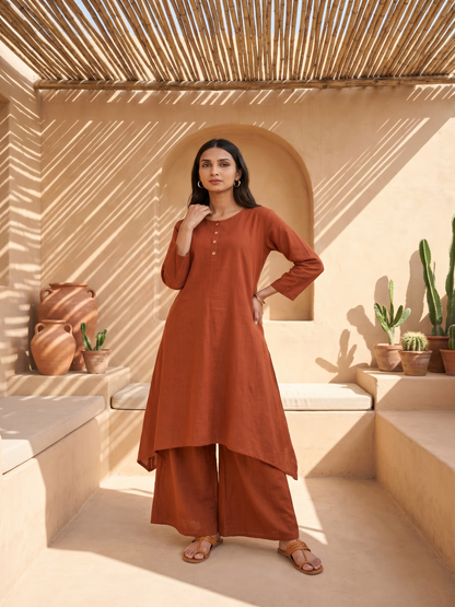 Rust brown asymmetrical kurta with pant