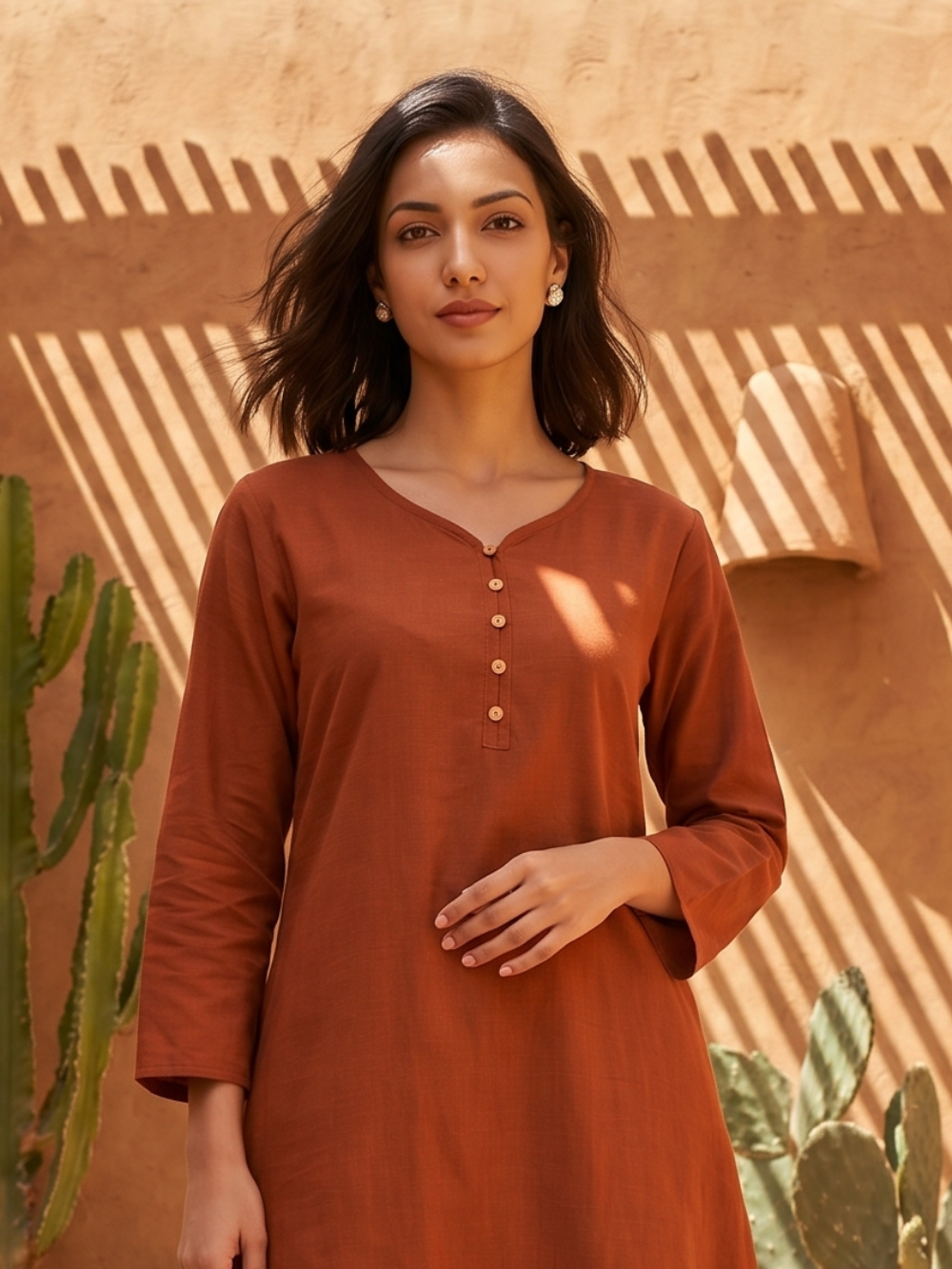 Rust Brown pure cotton double-layer dress. It comes with a long skirt below the ankle and an asymmetric overlay dress on top. It has two pockets