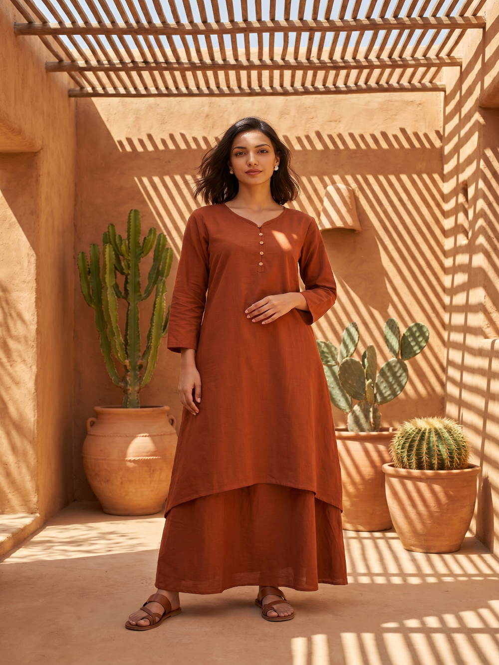 Rust brown asymmetrical kurta with pant