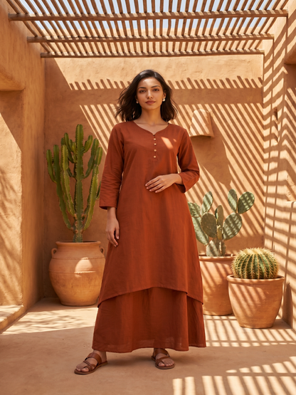 Rust brown asymmetrical kurta with pant