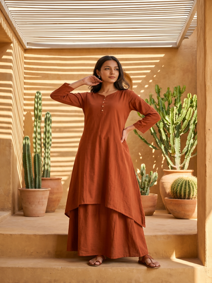 Rust Brown pure cotton double-layer dress. It comes with a long skirt below the ankle and an asymmetric overlay dress on top. It has two pockets