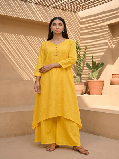 Yellow asymmetrical kurta wth pant