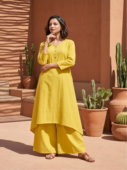 Yellow asymmetrical kurta wth pant