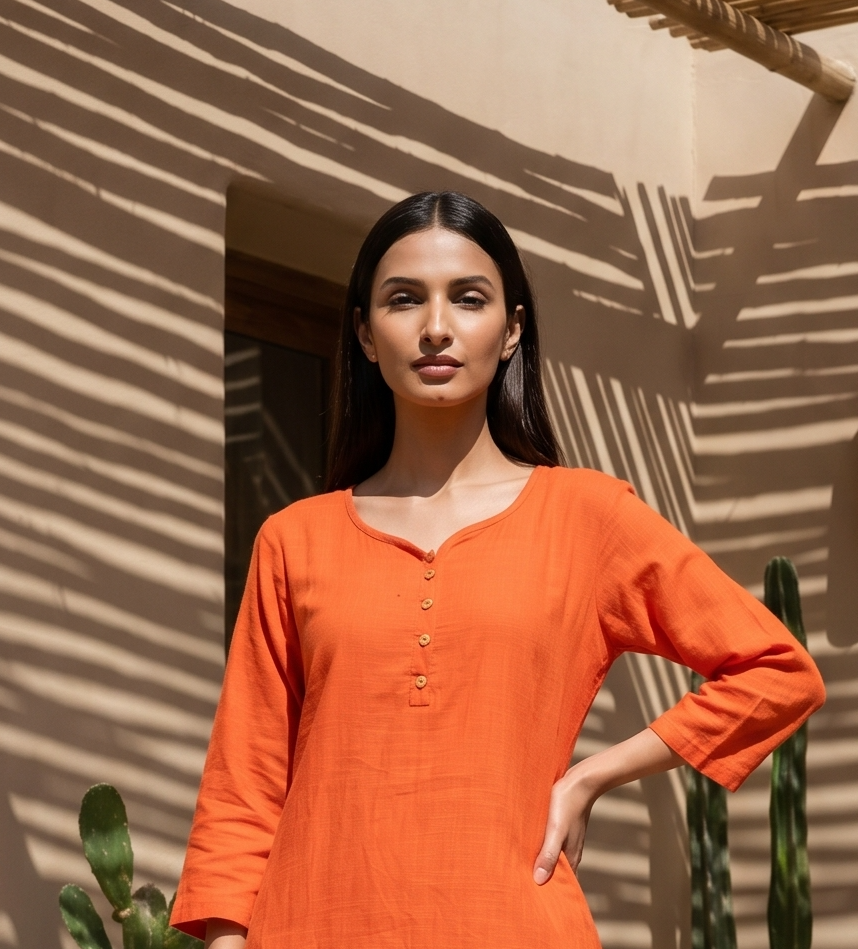 Dull Orange pure cotton double-layer dress. It comes with a long skirt below the ankle and an asymmetric overlay dress on top. It has two pockets