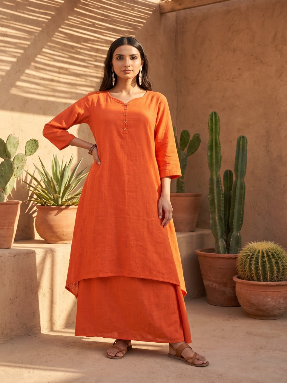 Dull Orange pure cotton double-layer dress. It comes with a long skirt below the ankle and an asymmetric overlay dress on top. It has two pockets