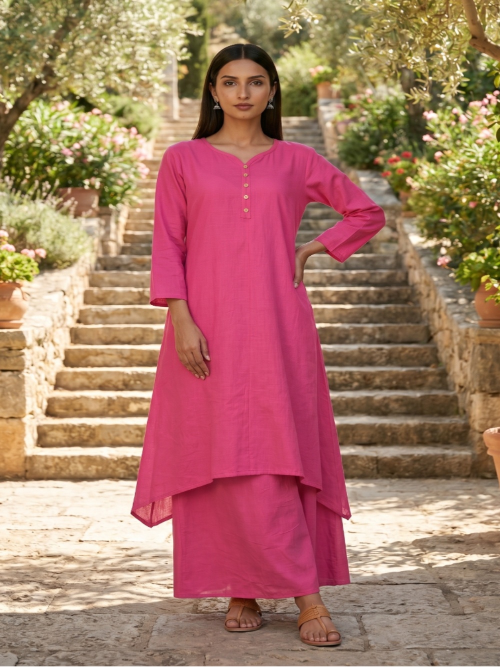 Dull Pink pure cotton double-layer dress. It comes with a long skirt below the ankle and an asymmetric overlay dress on top. It has two pockets
