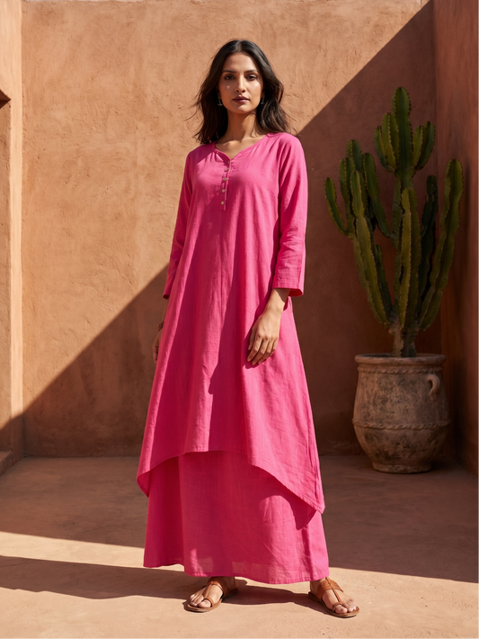 Dull Pink pure cotton double-layer dress. It comes with a long skirt below the ankle and an asymmetric overlay dress on top. It has two pockets