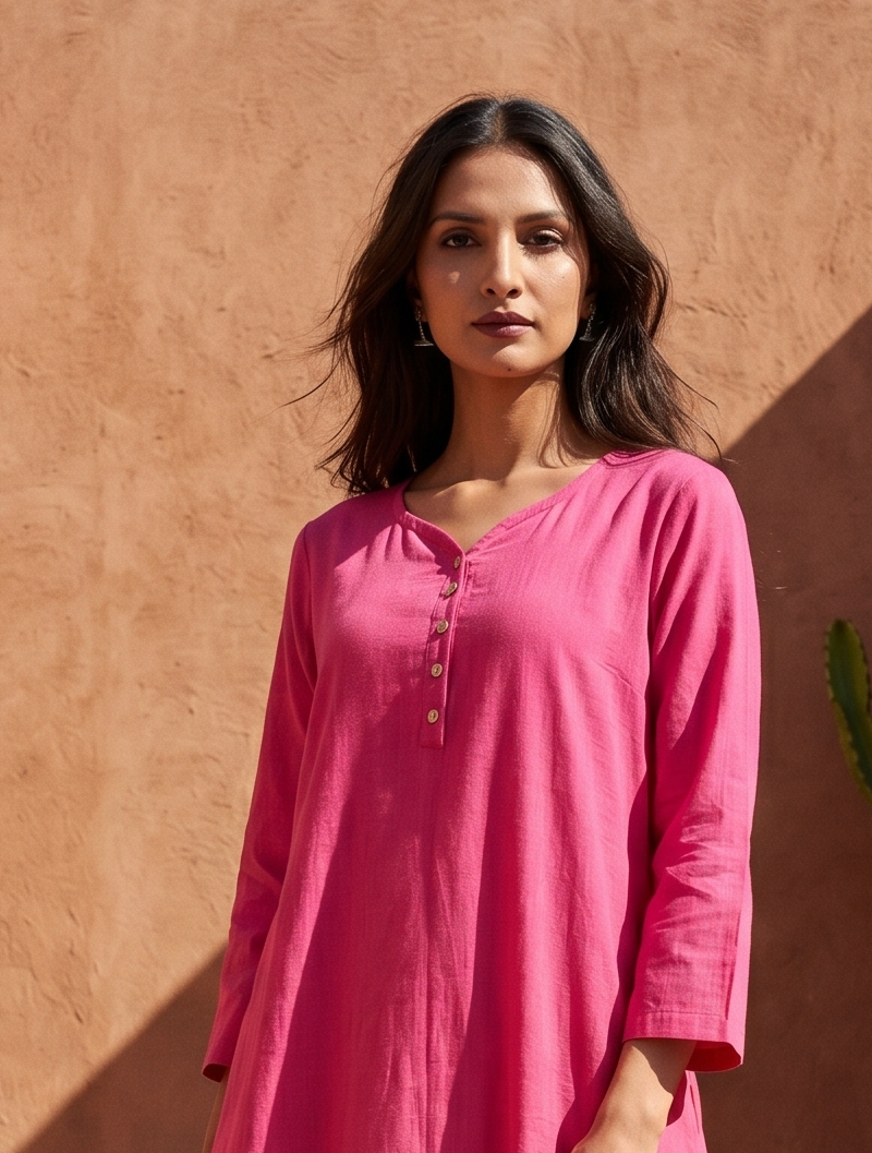 Dull Pink pure cotton double-layer dress. It comes with a long skirt below the ankle and an asymmetric overlay dress on top. It has two pockets