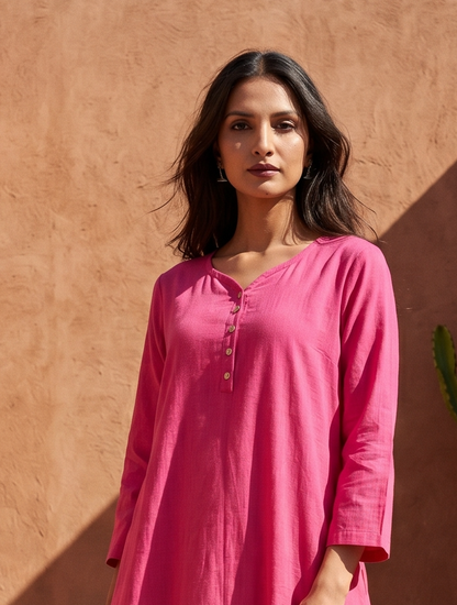 Dull Pink pure cotton double-layer dress. It comes with a long skirt below the ankle and an asymmetric overlay dress on top. It has two pockets