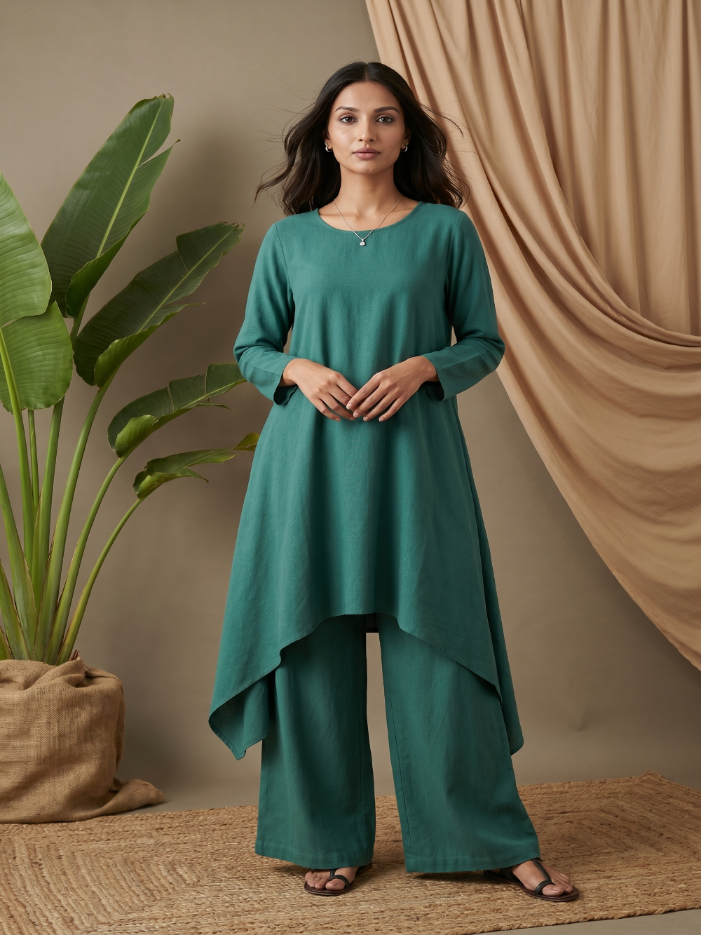Teal  Cotton Linen Kurta Set