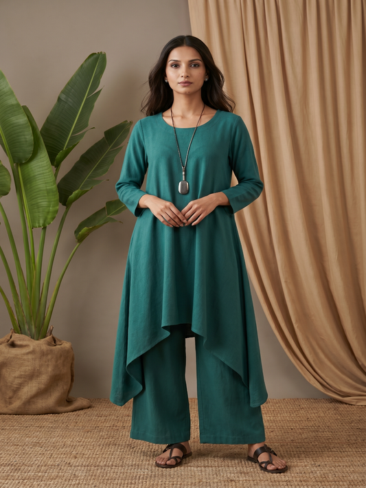 Teal  Cotton Linen Kurta Set