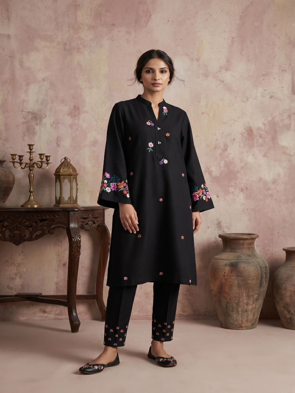 HAND EMBROIDERY COTTON LINEN KURTA SET