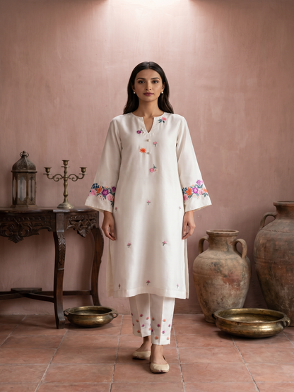 HAND EMBROIDERY COTTON LINEN KURTA SET WITH DUPATTA