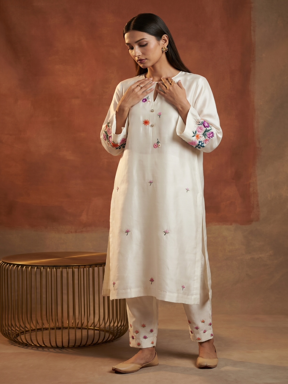 HAND EMBROIDERY COTTON LINEN KURTA SET WITH DUPATTA
