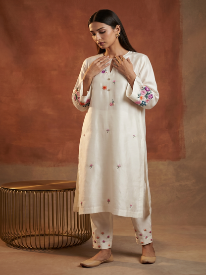 HAND EMBROIDERY COTTON LINEN KURTA SET WITH DUPATTA