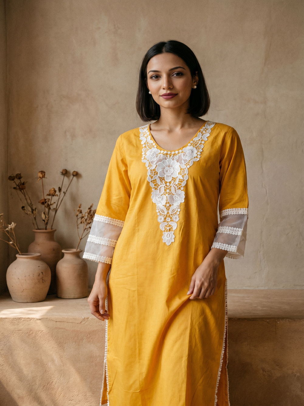 Mustard  Embroidery Kurta Set