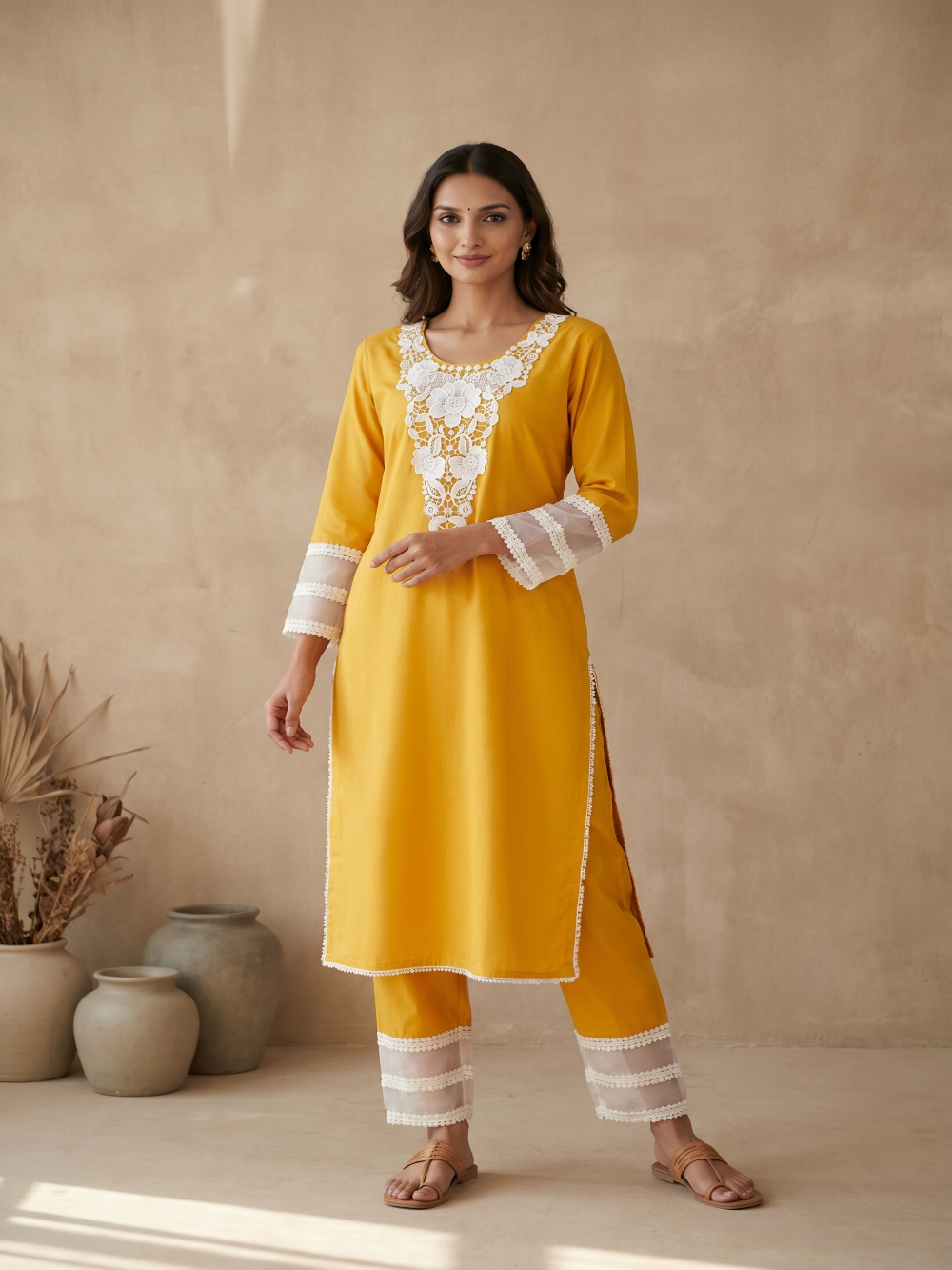 Mustard  Embroidery Kurta Set