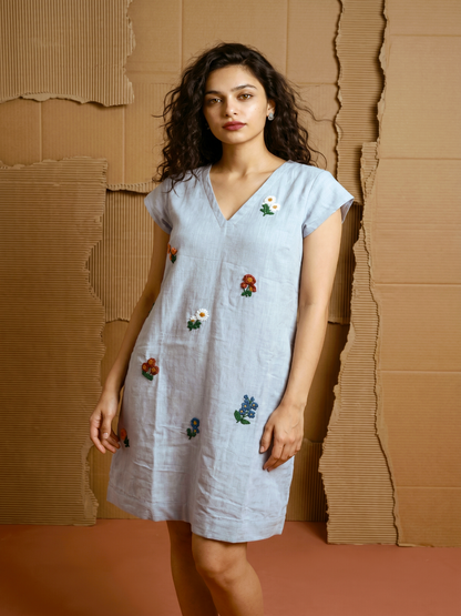 cotton linen powder blue hand embroidry dress