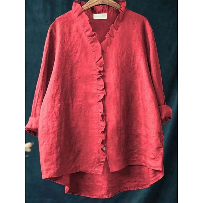RED COTTON LINEN FRILL SHIRT