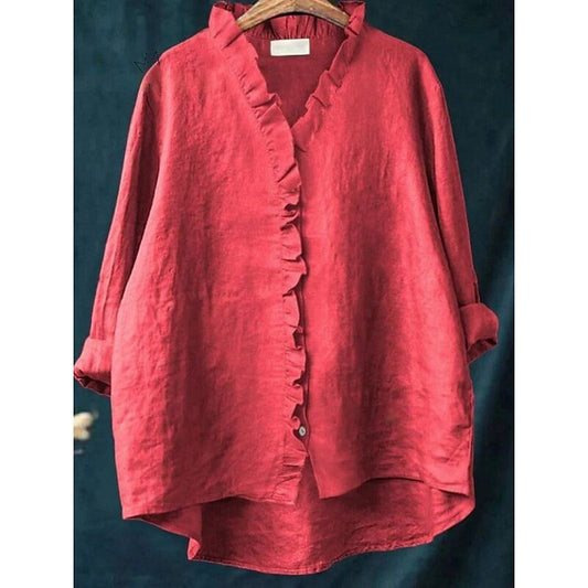 RED COTTON LINEN FRILL SHIRT