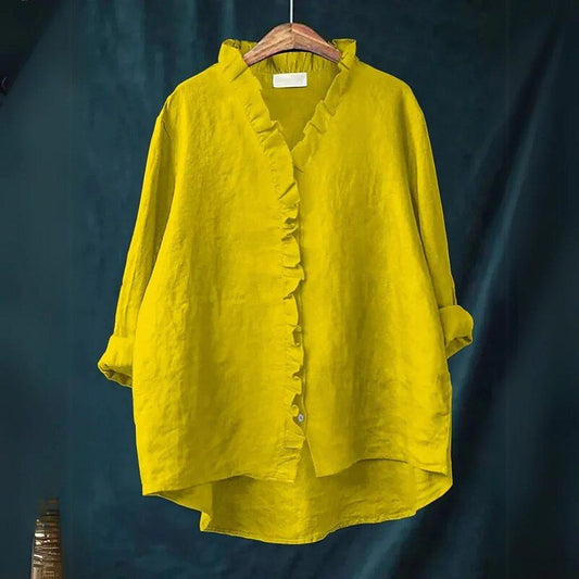 Yellow cotton linen frill shirt