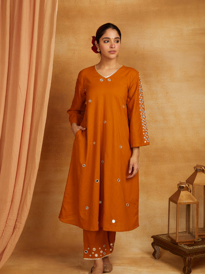 Mustard kurta, pant, and dupatta with mirror work