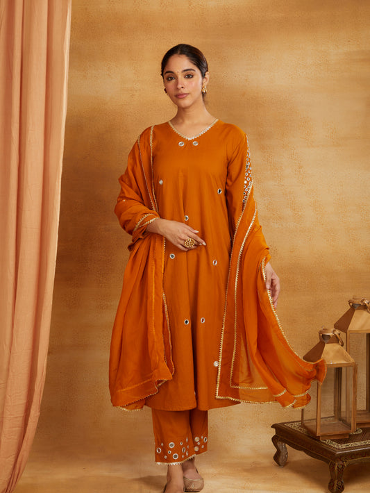 Mustard kurta, pant, and dupatta with mirror work